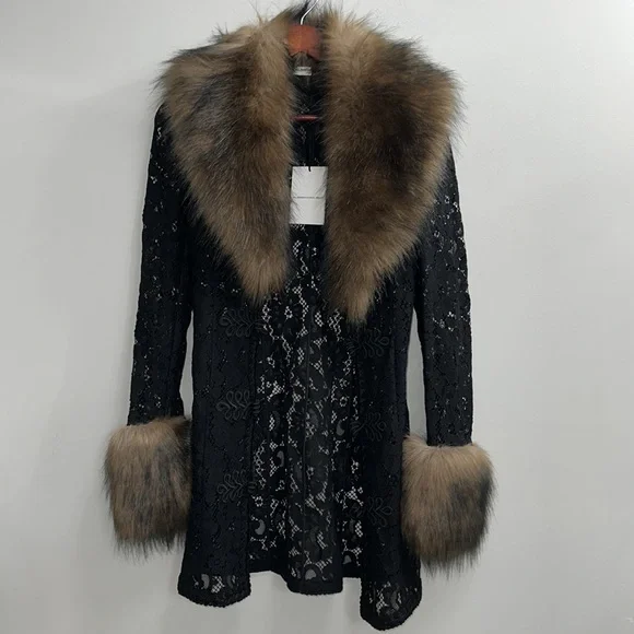 Alessandra Rich lace faux-fur detail coat NWT - Picture 10 of 14